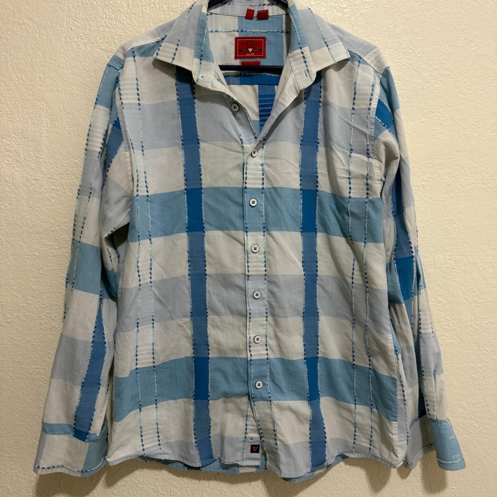 Haupt Germany Mens Blue White Check Textured Fashion Fit Button Down Shirt L - Picture 2 of 15